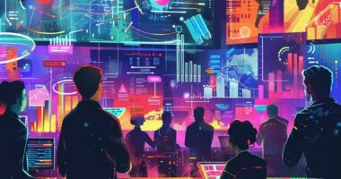 Diverse professionals collaborating in a modern office, surrounded by cryptocurrency data screens