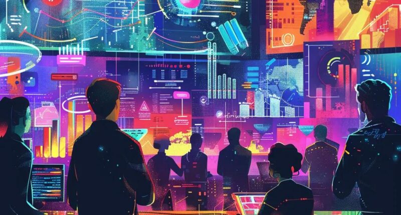 Diverse professionals collaborating in a modern office, surrounded by cryptocurrency data screens