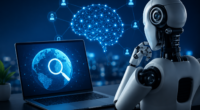 AI-powered search analyzing website authority and digital trust signals on a laptop with a futuristic artificial intelligence interface.