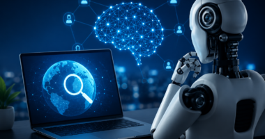 AI-powered search analyzing website authority and digital trust signals on a laptop with a futuristic artificial intelligence interface.
