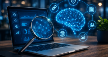Laptop displaying an AI-powered website authority audit with digital trust, backlink analysis, editorial coverage, and search visibility visualization.