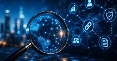 Magnifying glass examining a connected digital globe representing AI search, website authority, backlinks, editorial trust signals, and online brand credibility.