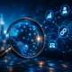 Magnifying glass examining a connected digital globe representing AI search, website authority, backlinks, editorial trust signals, and online brand credibility.