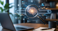 Modern workspace featuring an AI-powered search interface, holographic search results, and a digital neural network illustrating Google AI Overviews and AI-driven search technology.