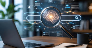 Modern workspace featuring an AI-powered search interface, holographic search results, and a digital neural network illustrating Google AI Overviews and AI-driven search technology.