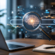 Modern workspace featuring an AI-powered search interface, holographic search results, and a digital neural network illustrating Google AI Overviews and AI-driven search technology.