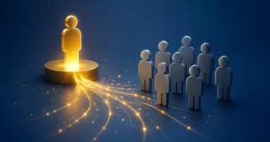 Modern 3D illustration of a highlighted business entity connected to a network of people, symbolizing AI recommendations, digital authority, trust, and business visibility in AI-powered search.