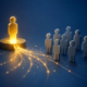 Modern 3D illustration of a highlighted business entity connected to a network of people, symbolizing AI recommendations, digital authority, trust, and business visibility in AI-powered search.