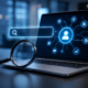 AI search optimization concept showing a laptop, search interface, magnifying glass, and connected digital signals representing online business visibility.