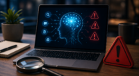 AI search concept showing warning symbols around a digital AI interface, representing common mistakes businesses make with AI search optimization and visibility.