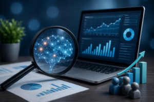 AI search visibility analytics showing a magnifying glass, artificial intelligence network, and performance data used to measure brand visibility in AI search.