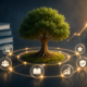 Digital knowledge tree surrounded by connected authority, content, trust, and growth icons representing topical authority and long-term visibility in AI-powered search.