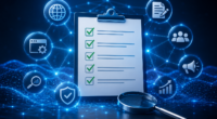 Futuristic digital checklist surrounded by interconnected icons representing website optimization, content authority, editorial trust, analytics, and AI search visibility.