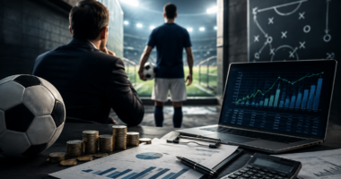 Soccer club executive analyzing player transfer finances with a football, financial reports, and stadium in the background, representing strategic transfer decisions.