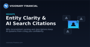 Illustration of three faded, inconsistent identity badges converging into one sharp, verified identity badge — representing scattered brand descriptions resolving into one clear entity AI search engines can confidently cite.