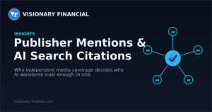 Illustration of five publisher outlet icons, each marked with a quote symbol, connecting to a central verified checkmark badge — representing independent media mentions corroborating brand authority for AI search citation.