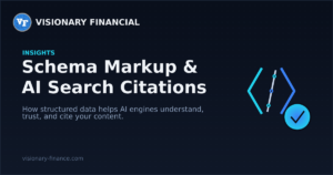 Code bracket and verified-data icon representing schema markup and AI search citation