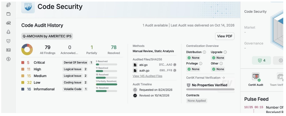 Q-AMCHAIN CertiK audit summary showing 79 findings on CertiK Skynet