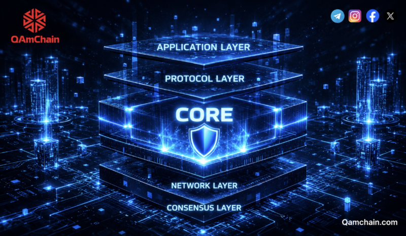Blockchain layers diagram with core, network, consensus, protocol and application layers