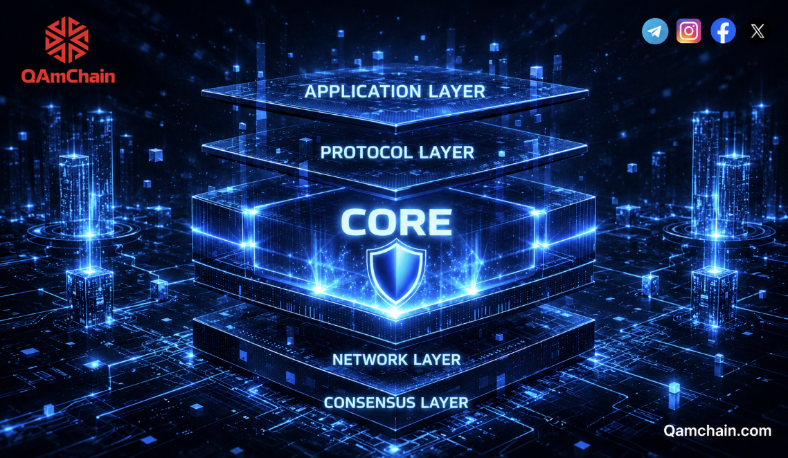 Blockchain layers diagram with core, network, consensus, protocol and application layers