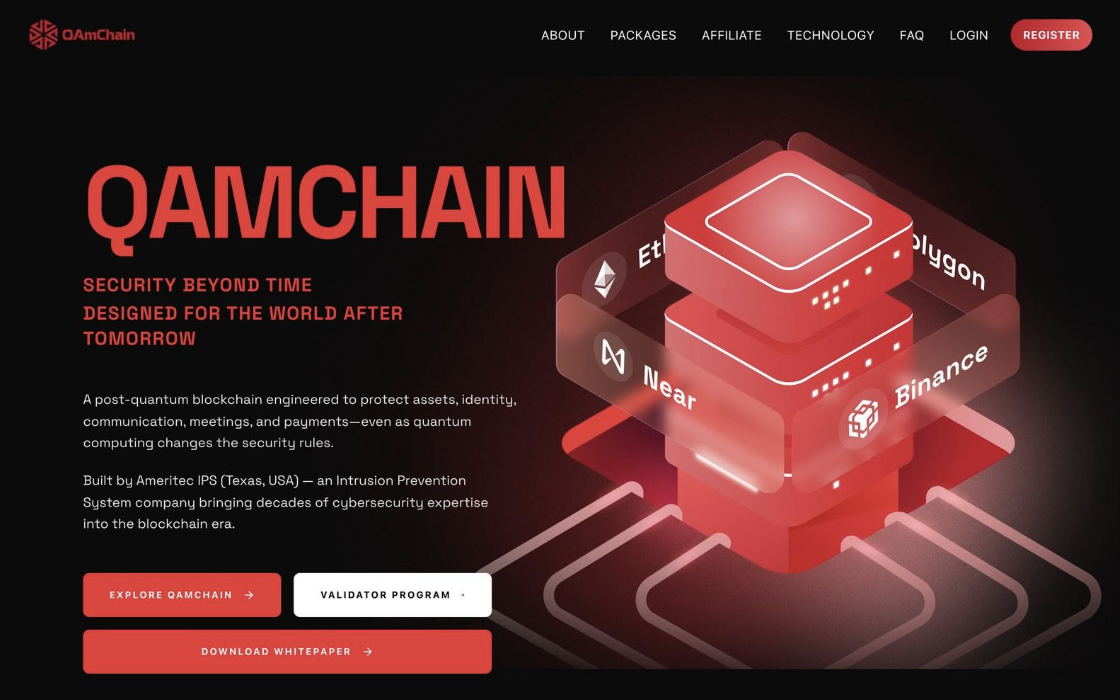 Q-AMCHAIN post-quantum blockchain homepage by Ameritec IPS
