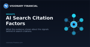 Diagram of a central hub linked to six signal nodes of varying strength, illustrating AI search citation factors