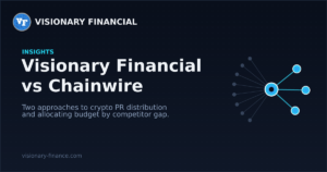Visionary Financial vs Chainwire graphic showing broad PR distribution and targeted placements around one brand node