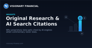 Illustration of a gradient bar chart with the tallest bar glowing as an original data source, with faint source nodes converging inward — representing proprietary research being cited back by other publishers in AI-generated answers.