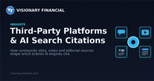 Diagram of a brand node linked to forum, video, profile and reference platforms, illustrating third-party platforms and AI search citations